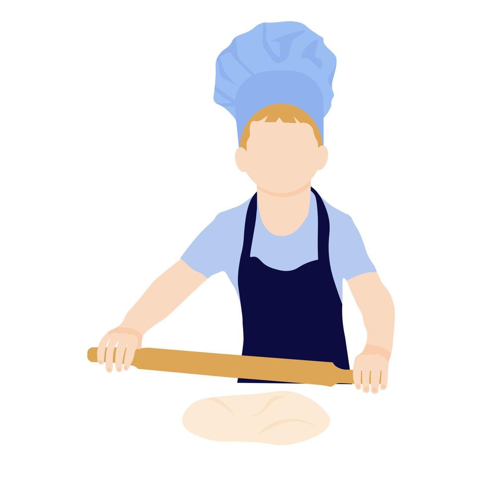 illustrazione delle azione di vettore del fornaio del cuoco unico. stendere la pasta, una ricetta per cucinare. cottura al forno, mattarello, farina. Isolato su uno sfondo bianco.