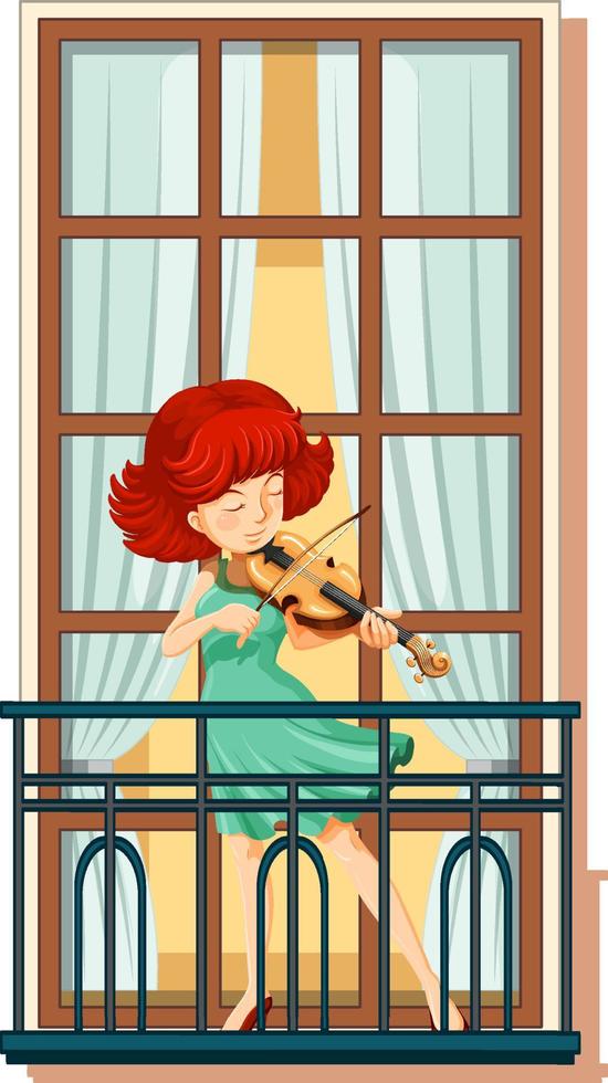 una donna che suona il violino in piedi sul balcone vettore
