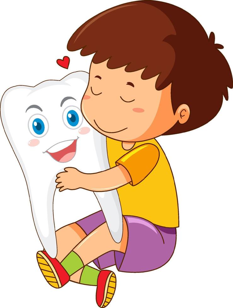 bambino felice che abbraccia un grande dente su sfondo bianco vettore