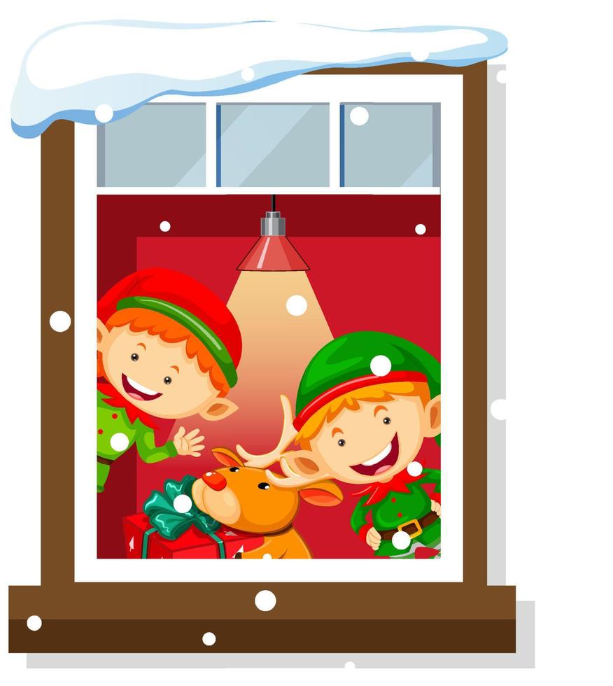 vista attraverso la finestra del personaggio dei cartoni animati in tema natalizio vettore