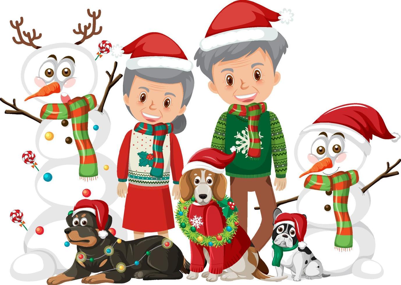 coppia di anziani e i loro cani che indossano abiti natalizi vettore