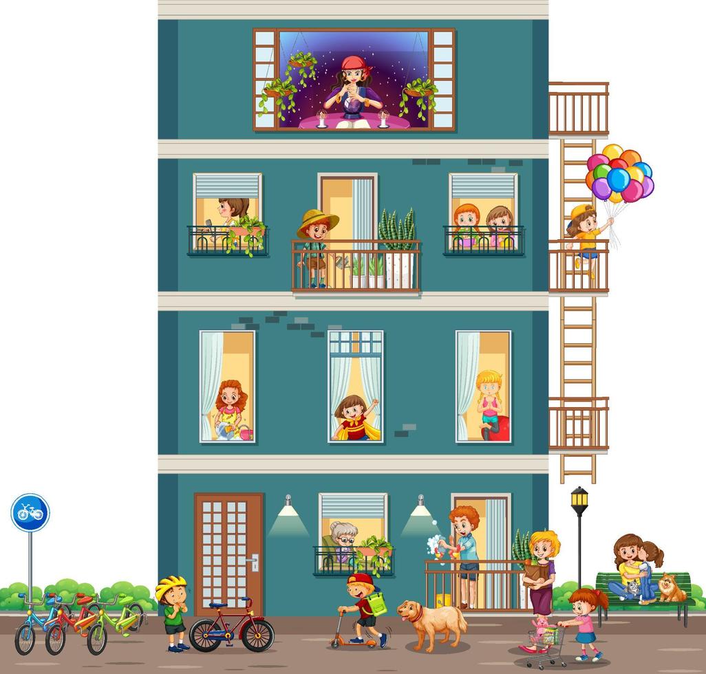 finestre dell'appartamento con il personaggio dei cartoni animati dei vicini vettore