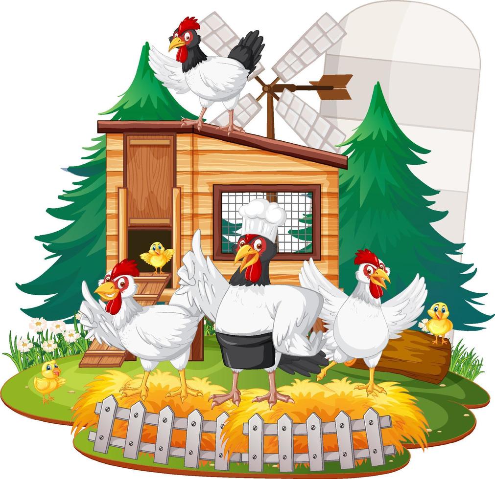 una scena isolata con un gruppo di polli in stile cartone animato vettore