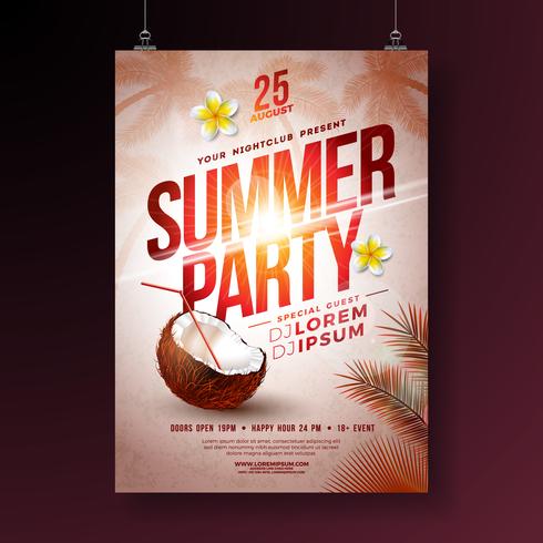 Vector Summer Party Flyer Design con fiore, cocco e palme tropicali su sfondo tramonto splendente. Illustrazione di vacanze estive con piante esotiche