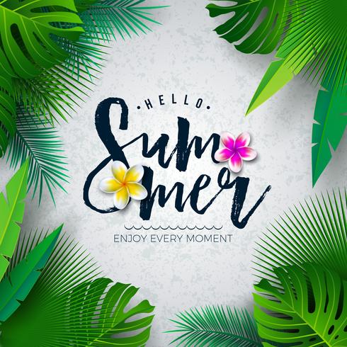 Vector Ciao illustrazione di estate con la lettera di tipografia e foglie di palme tropicali su sfondo bianco. Banner di piante esotiche e fiori per vacanze