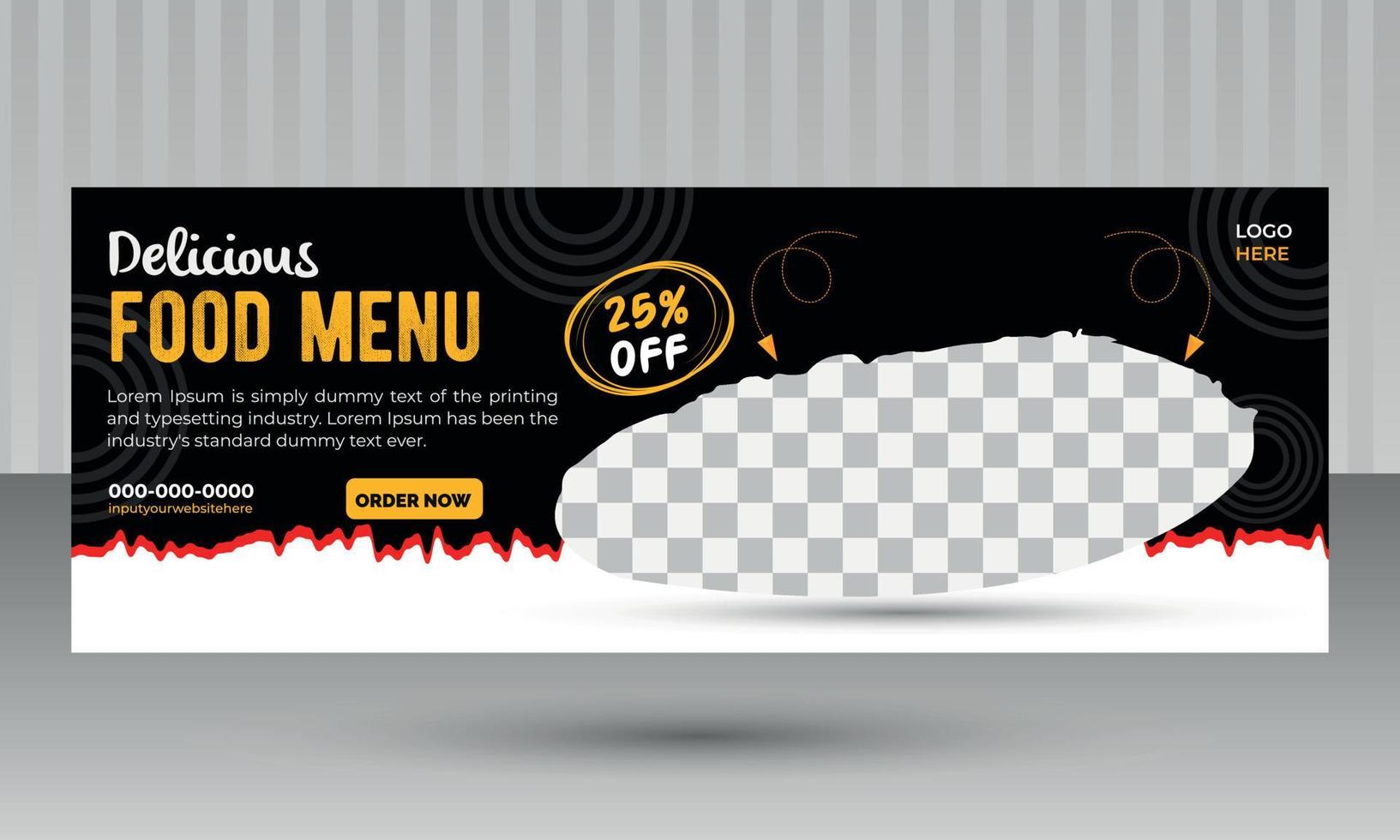 banner di social media alimentare e modello di copertina con sfondo nero per il marketing alimentare del ristorante vettore