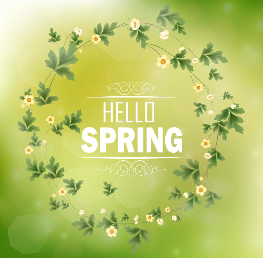cornice floreale circolare con testo ciao primavera e sfondo bokeh vettore