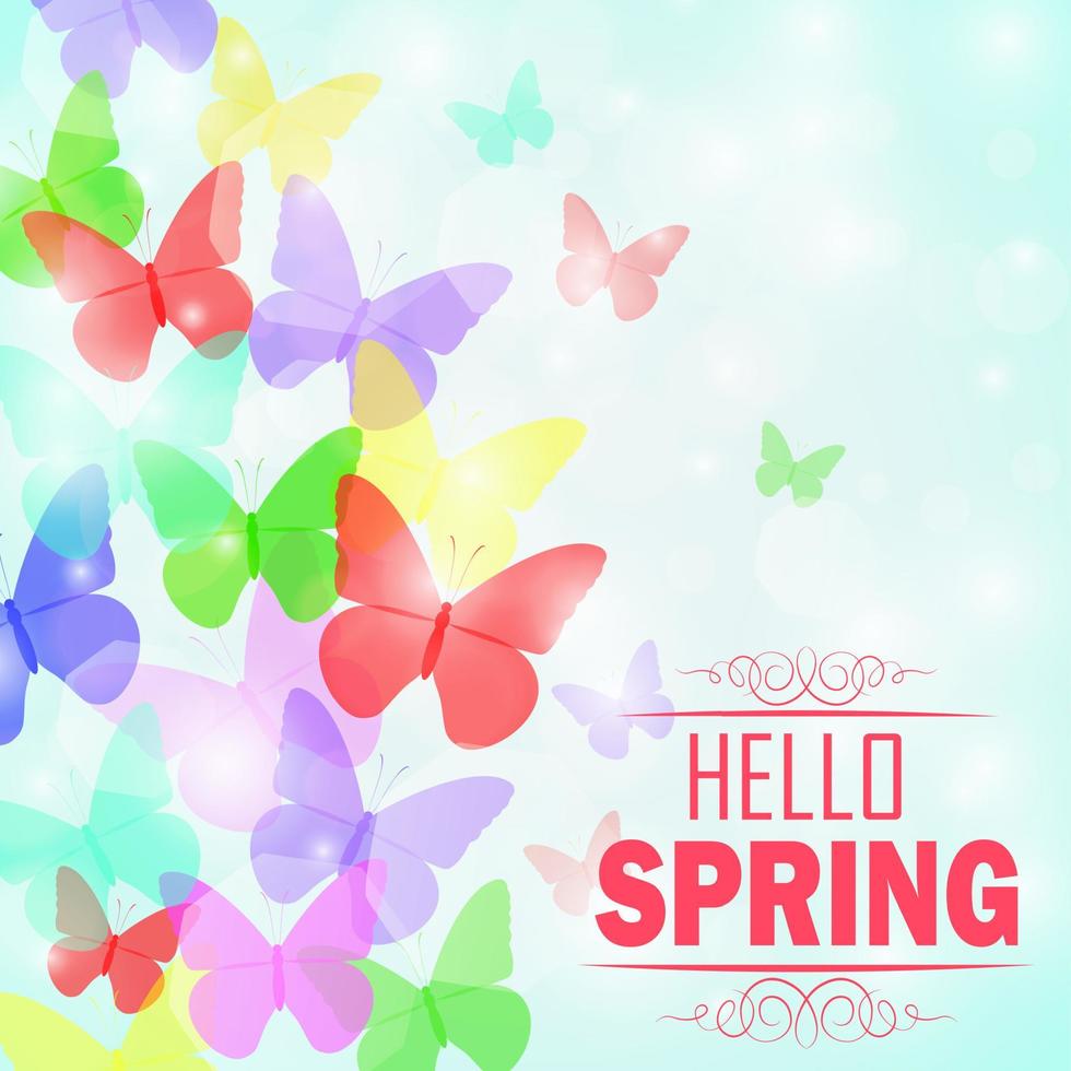 sfondo di farfalle colorate con testo ciao primavera vettore
