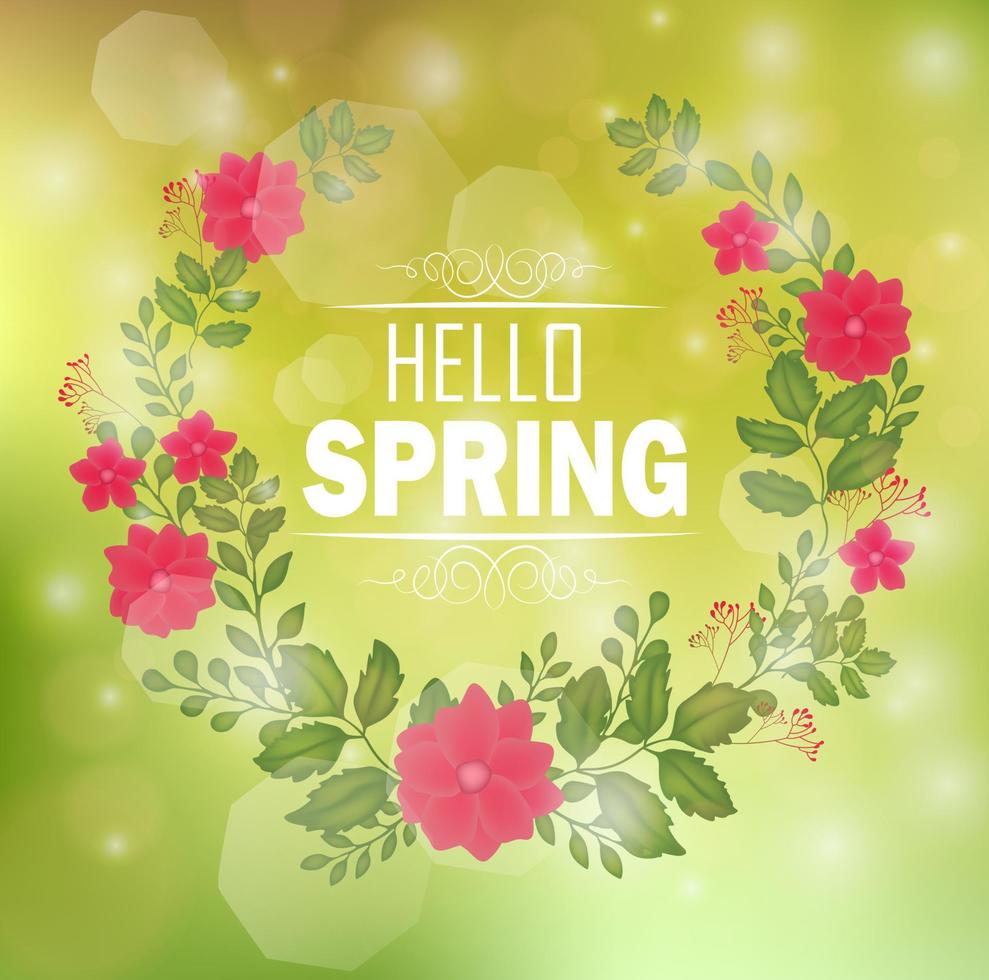 cornice floreale con testo ciao primavera e sfondo bokeh vettore