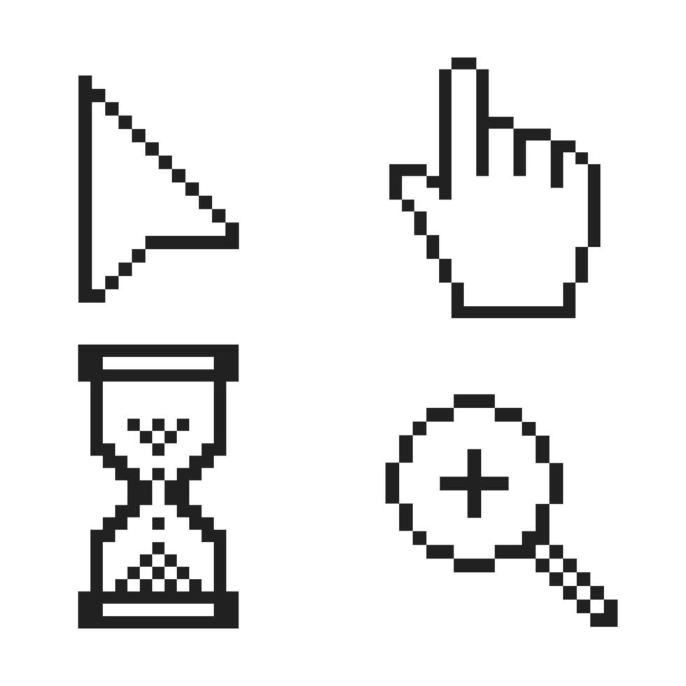 illustrazione vettoriale delle icone del cursore del mouse con pixel a freccia, a mano, con lente di ingrandimento e pixel in bianco e nero.