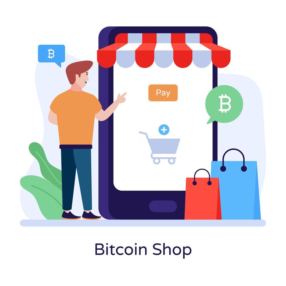 denaro digitale, illustrazione piatta alla moda del negozio bitcoin vettore