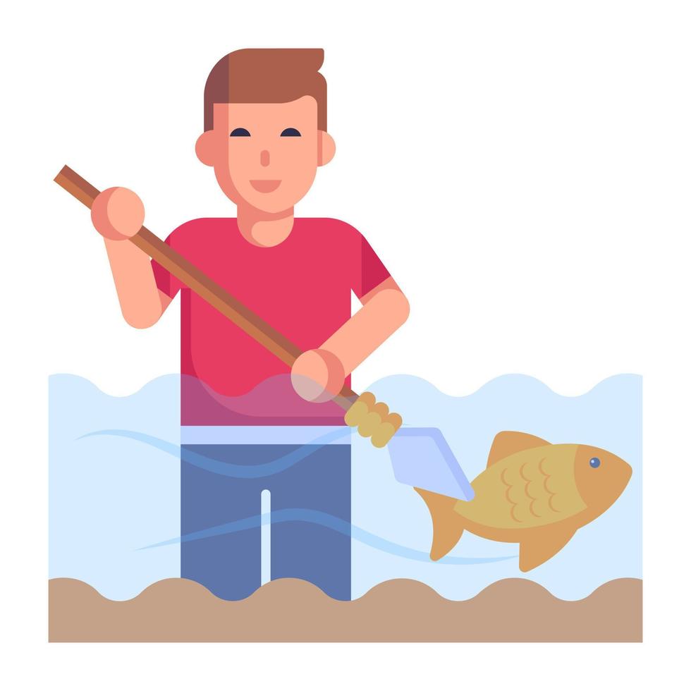 uomo che pesca con la lancia, icona piatta del cacciatore di pesci vettore