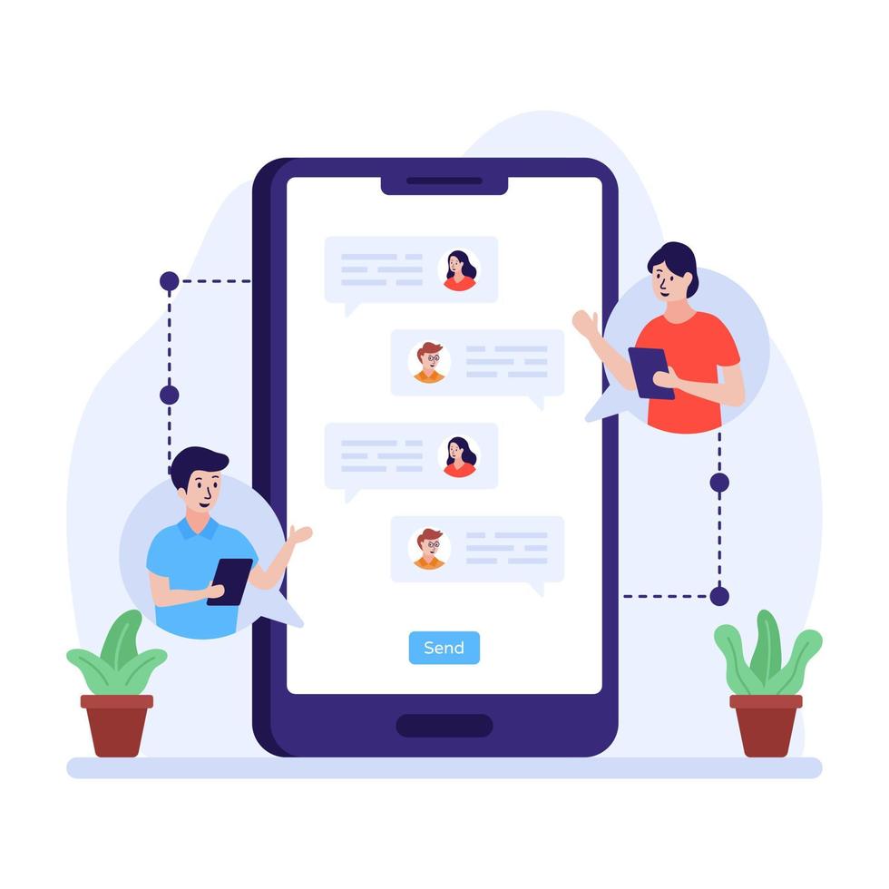 un gruppo sociale mobile, illustrazione della chat mobile vettore