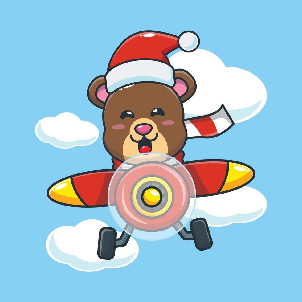 simpatico orso che indossa il cappello di Babbo Natale vola con l'aereo. simpatico cartone animato di natale illustrazione. vettore