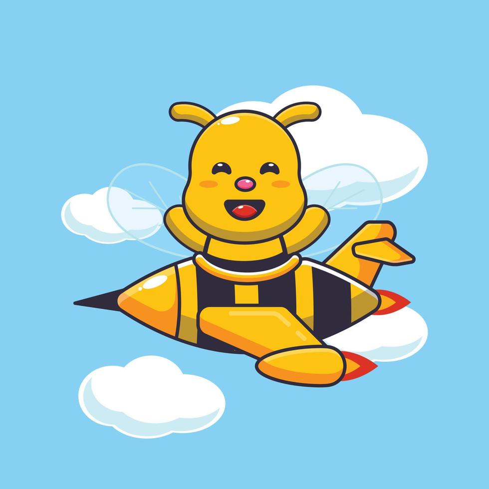 simpatico personaggio dei cartoni animati della mascotte dell'ape giro sul jet dell'aereo vettore