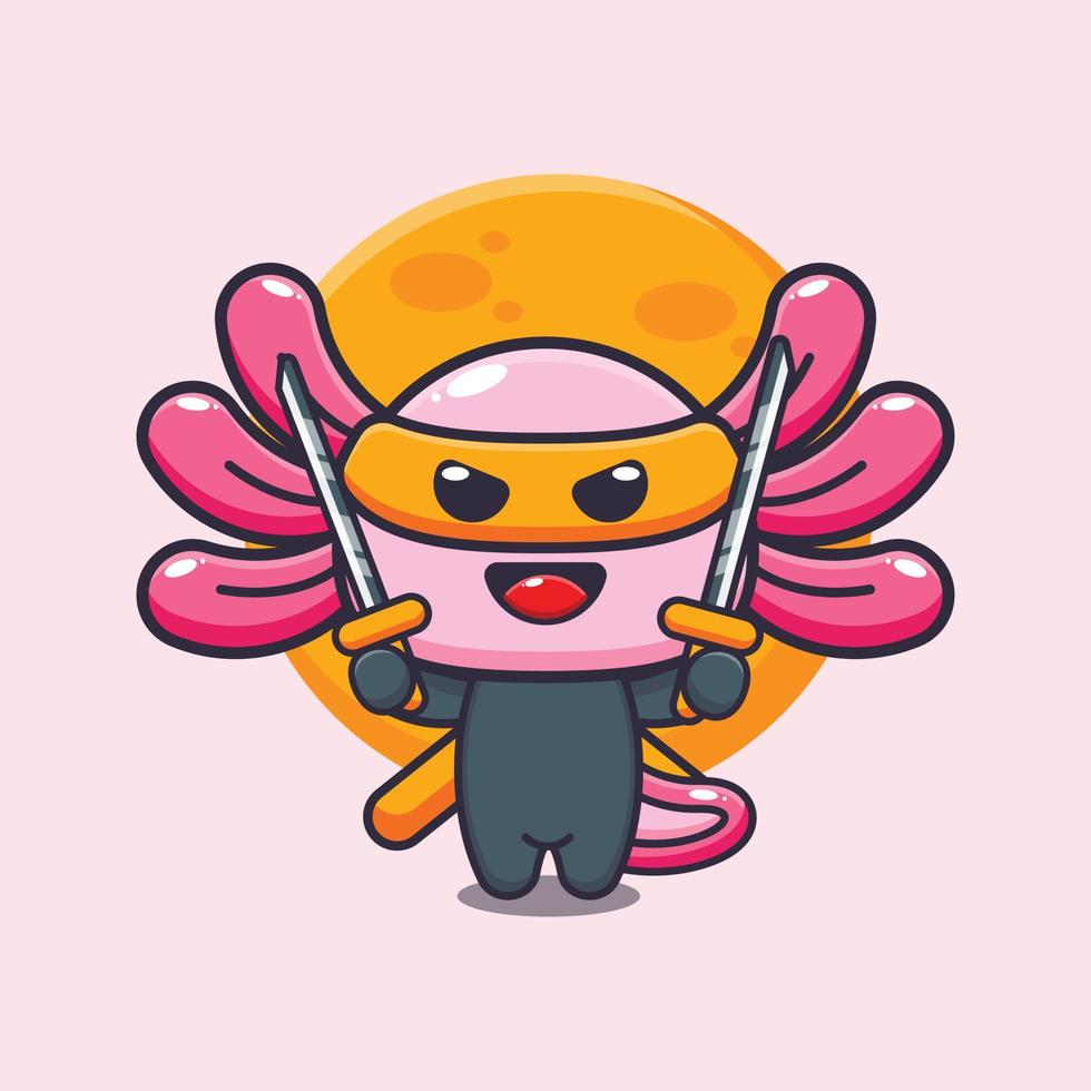 illustrazione della mascotte dei cartoni animati di ninja axolotl carino vettore
