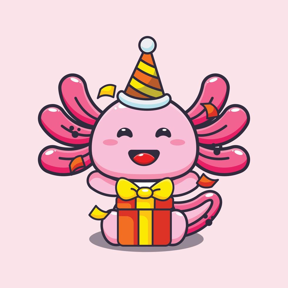 illustrazione della mascotte del fumetto di axolotl carino nella festa di compleanno. vettore