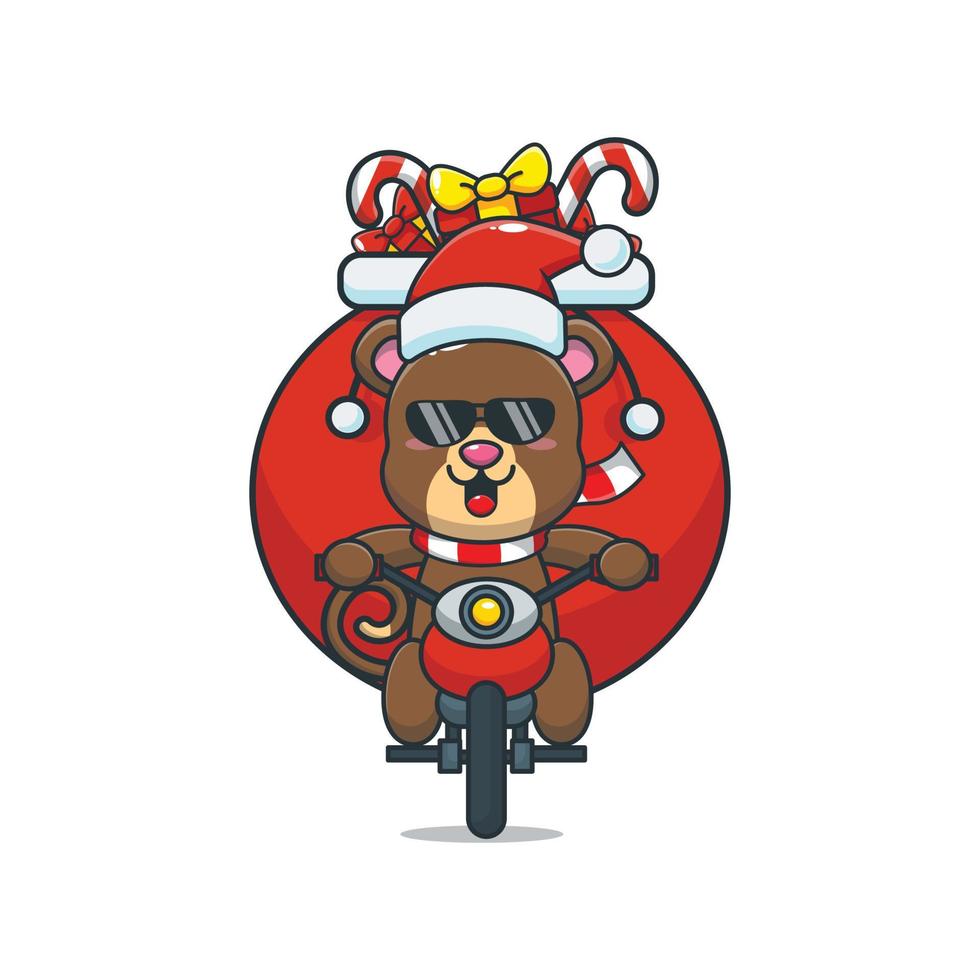 simpatico orso che trasporta il regalo di natale con la moto. simpatico cartone animato di natale illustrazione. vettore