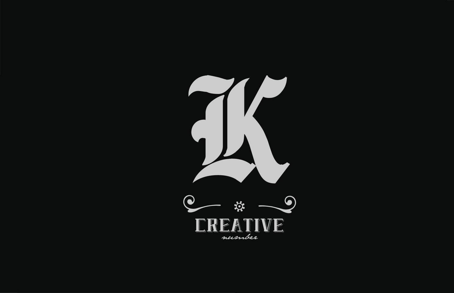 design del logo dell'icona della lettera dell'alfabeto k vintage. modello aziendale creativo in bianco e nero vettore