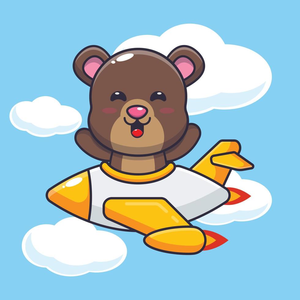 simpatico orso mascotte personaggio dei cartoni animati giro in aereo jet vettore