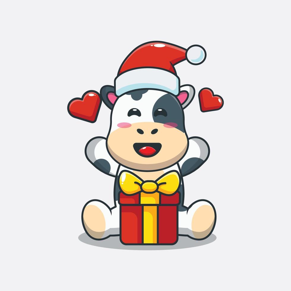 mucca carina felice con il regalo di natale. simpatico cartone animato di natale illustrazione. vettore