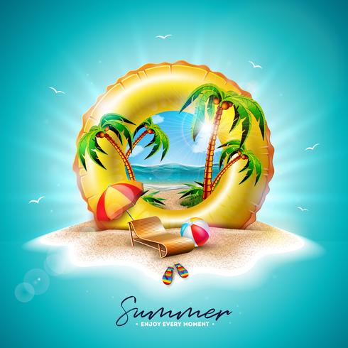 Vector l&#39;illustrazione di vacanza estiva con il galleggiante giallo e le palme esotiche sul fondo tropicale dell&#39;isola. Fiore, Beach Ball, ombrellone e paesaggio blu dell&#39;oceano