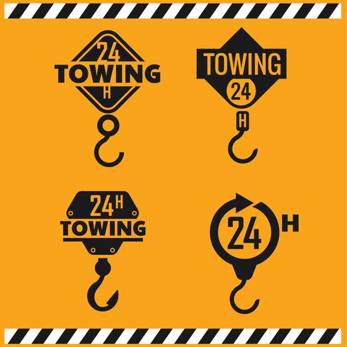 Servizio di rimorchio per auto, 24 ore su 24, camion, icona isolata o logo su sfondo giallo, servizio auto, riparazione auto vettore