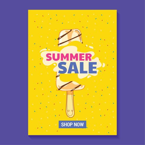 Illustrazione di vendita di estate con sfondo di ghiaccioli, spiaggia e foglie tropicali vettore