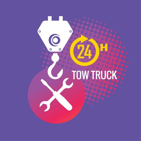 Servizio di rimorchio per auto, 24 ore su 24, camion, icona isolata o logo su sfondo giallo, servizio auto, riparazione auto vettore