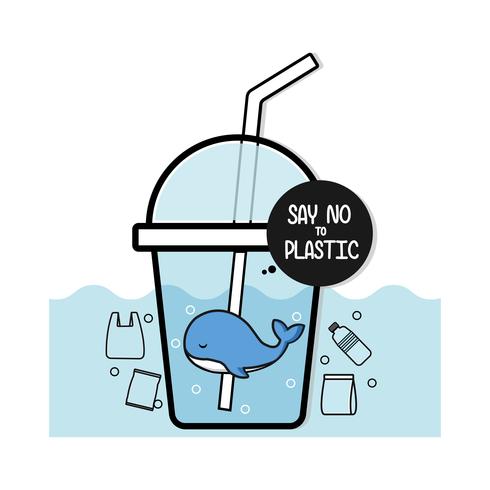 La balena sveglia dice no alla plastica, fumetto di concetto del manifesto di Ecological. vettore