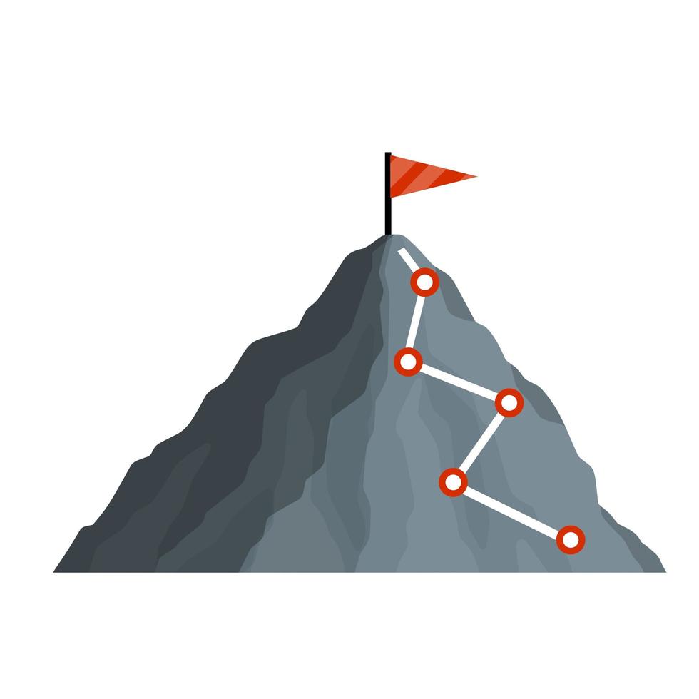 scalata in montagna con bandiera rossa. punti e tappe del percorso. vettore