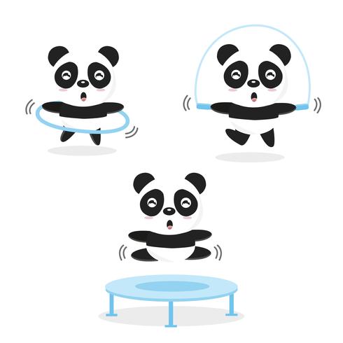 Panda divertenti che fanno esercizio fisico. vettore