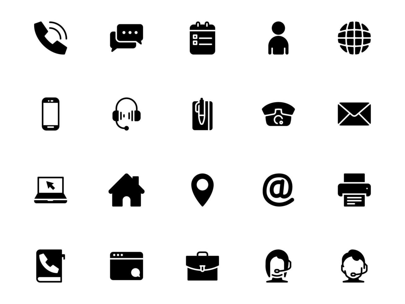 set di icone vettoriali nere, isolate su sfondo bianco. illustrazione piatta sui dettagli di contatto di un tema e sulla comunicazione con il responsabile dell'assistenza