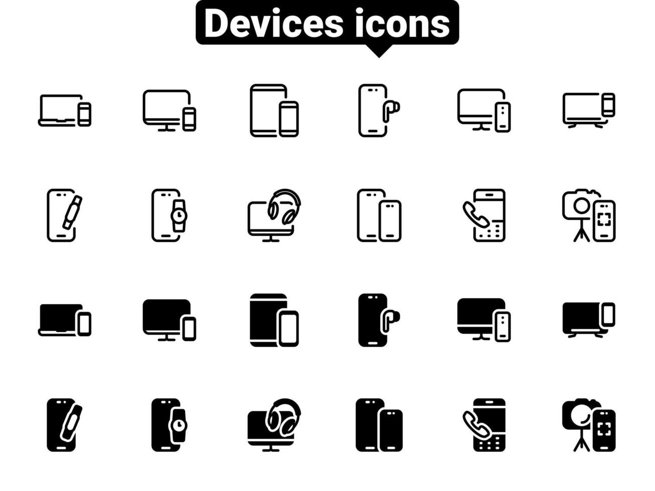 set di icone vettoriali nere, isolate su sfondo bianco. illustrazione piatta su un tema dispositivi mobili, computer e indossabili