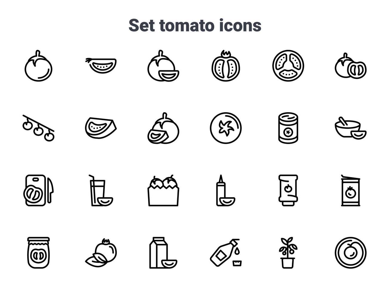 set di icone vettoriali nere, isolate su sfondo bianco. illustrazione piatta su un tema pomodoro, fetta, intero, appetitoso. linea, contorno, tratto