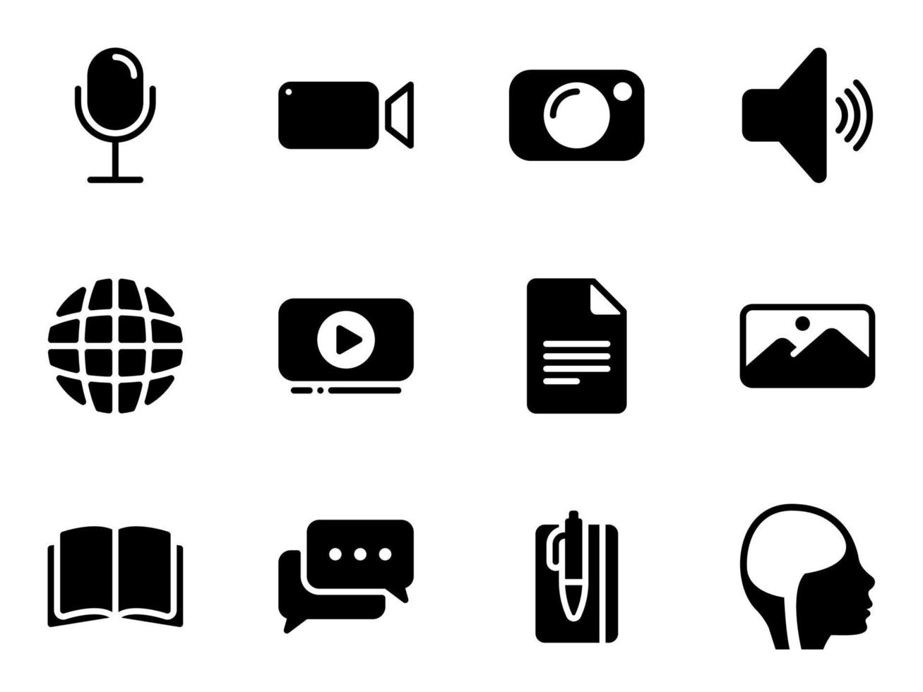 set di icone vettoriali nere, isolate su sfondo bianco. illustrazione piatta su strumenti e tipi di creazione di contenuti a tema. riempimento, glifo