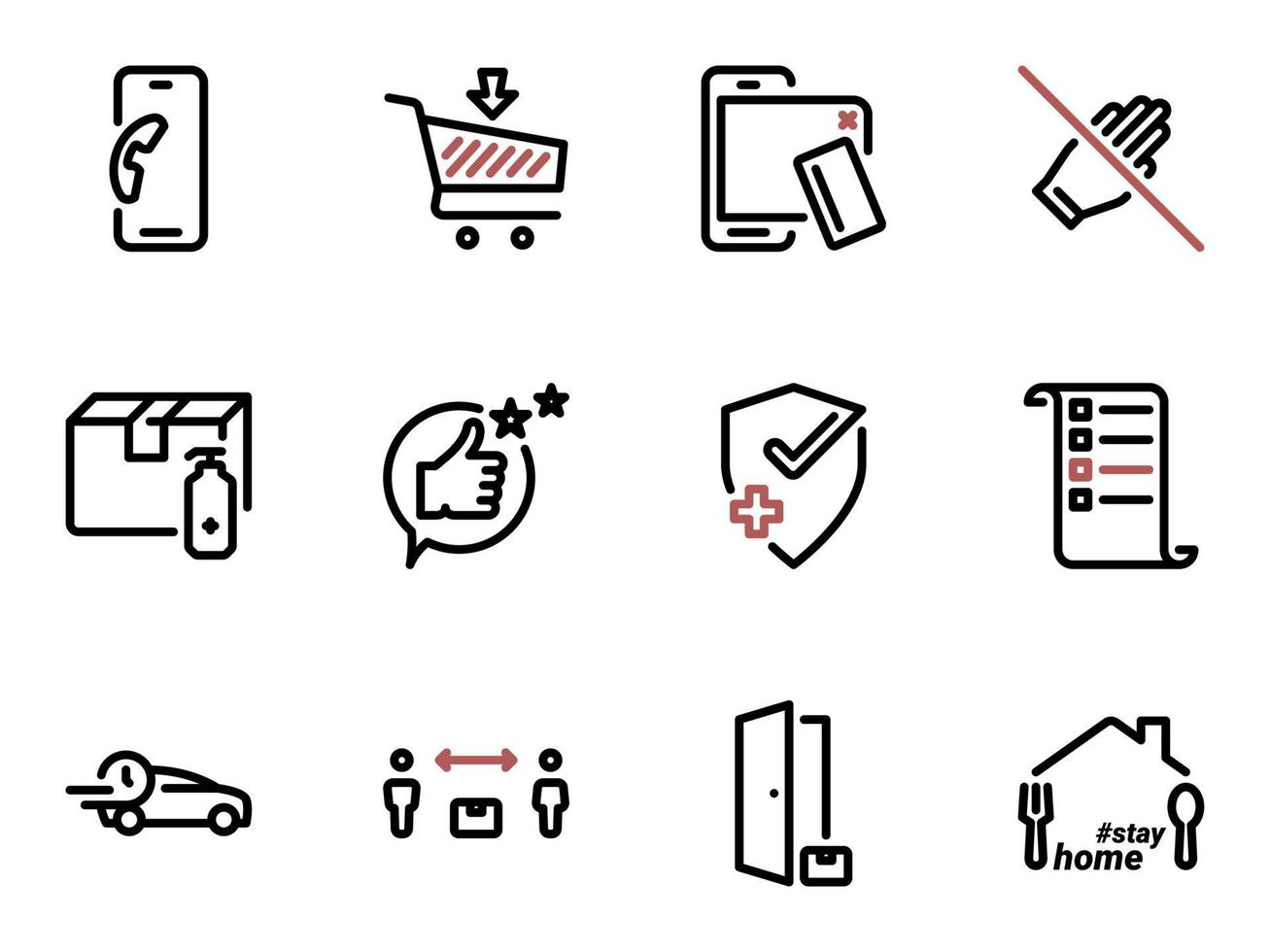 set di icone vettoriali nere, isolate su sfondo bianco. illustrazione su un servizio a tema, consegna senza contatto di merci alla porta in una pandemia