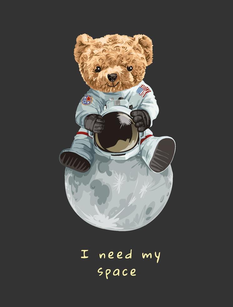 simpatico orso giocattolo in costume da astronauta seduto sull'illustrazione della luna vettore