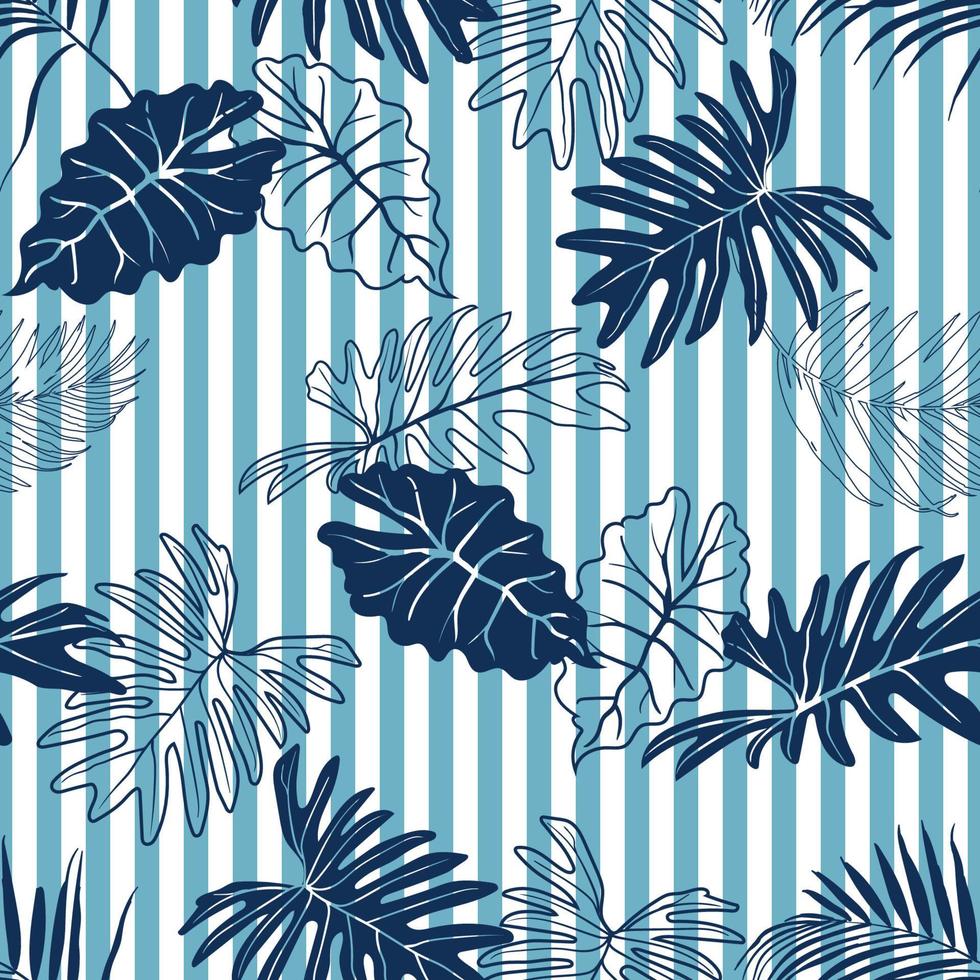 motivo estivo senza cuciture con foglie tropicali blu navy su sfondo a strisce per moda, tessuto, tessuto, abbigliamento e tutte le stampe vettore