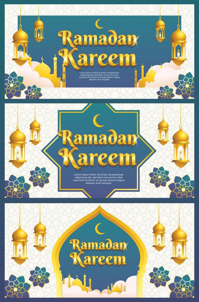 set di biglietti d'auguri ramadan kareem in stile islamico oro blu, sfondo e banner orizzontale vettore