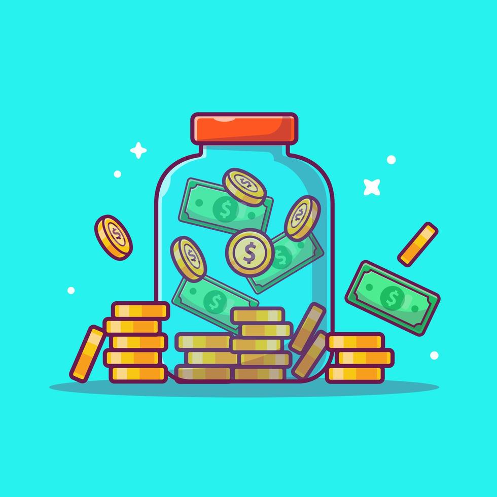 vaso con moneta e denaro fumetto icona vettore illustrazione. finanza oggetto icona concetto isolato premium vettore. stile cartone animato piatto