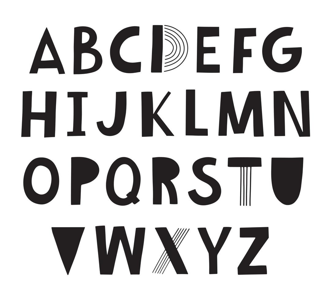 alfabeto ritagliato disegnato a mano di vettore. set di lettere decorative e funky. carattere creativo per bambini per poster, scuola materna, abbigliamento. vettore