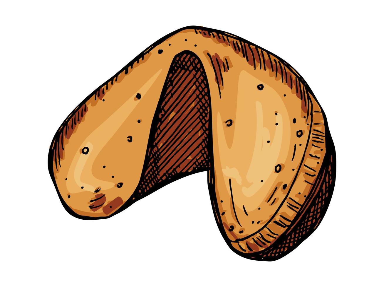 biscotti della fortuna cinesi disegnati a mano di vettore isolati su sfondi bianchi. illustrazione del cibo. biscotto croccante con un pezzo di carta bianco all'interno. per stampa, web, design, arredamento, logo.