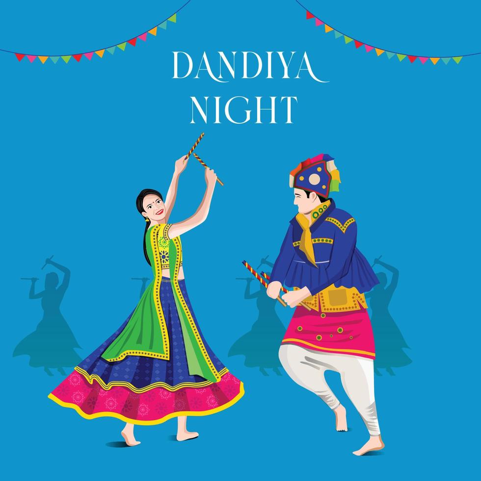 illustrazione della faccia della dea durga per navratri felice, coppia che suona garba e dandiya nella celebrazione di navratri e notte in discoteca vettore