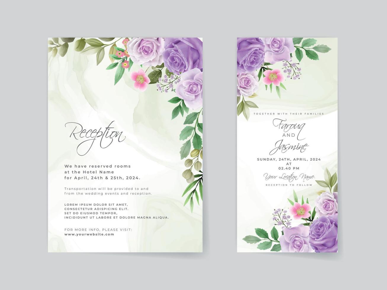 carta di invito a nozze romantiche rose viola vettore