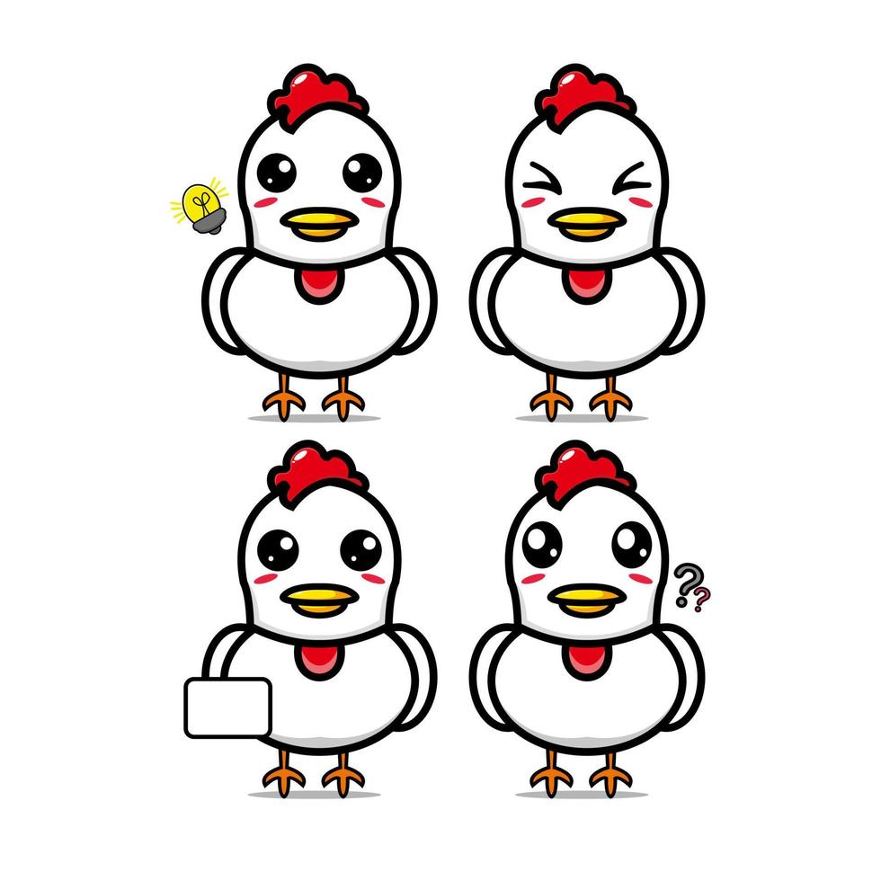 collezione di set di pollo carino. illustrazione vettoriale personaggio mascotte di pollo in stile piatto cartone animato. isolato su sfondo bianco. simpatico personaggio pollo mascotte logo idea bundle concept