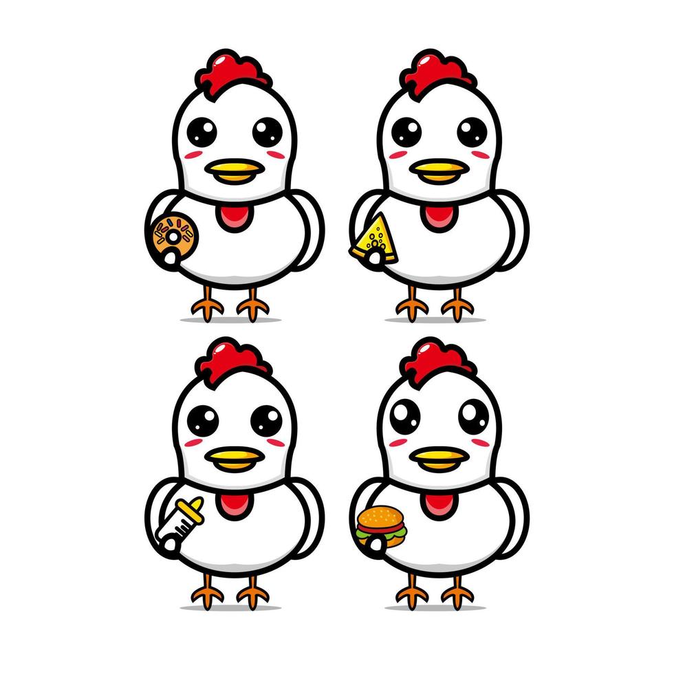 collezione di set di pollo carino. illustrazione vettoriale personaggio mascotte di pollo in stile piatto cartone animato. isolato su sfondo bianco. simpatico personaggio pollo mascotte logo idea bundle concept