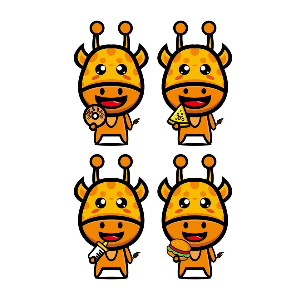 raccolta set giraffa tenendo cibo. illustrazione vettoriale mascotte del personaggio dei cartoni animati in stile piatto. isolato su sfondo bianco. simpatico personaggio giraffa mascotte logo idea bundle concept