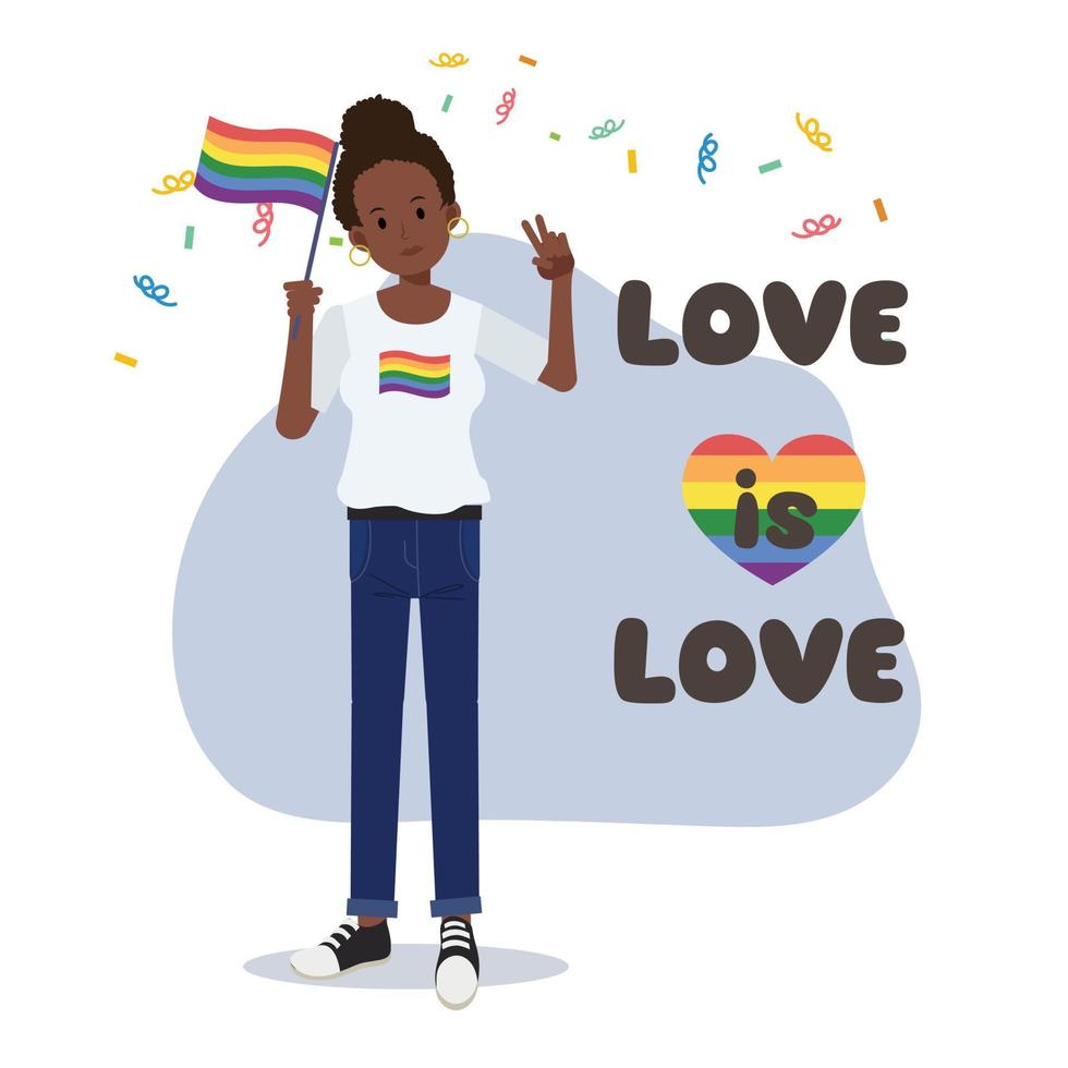 una donna afroamericana tiene cartelli con arcobaleno lgbt e bandiera transgender, celebra il mese dell'orgoglio, i diritti umani. uguaglianza e omosessualità.illustrazione del personaggio dei cartoni animati di vettore piatto.