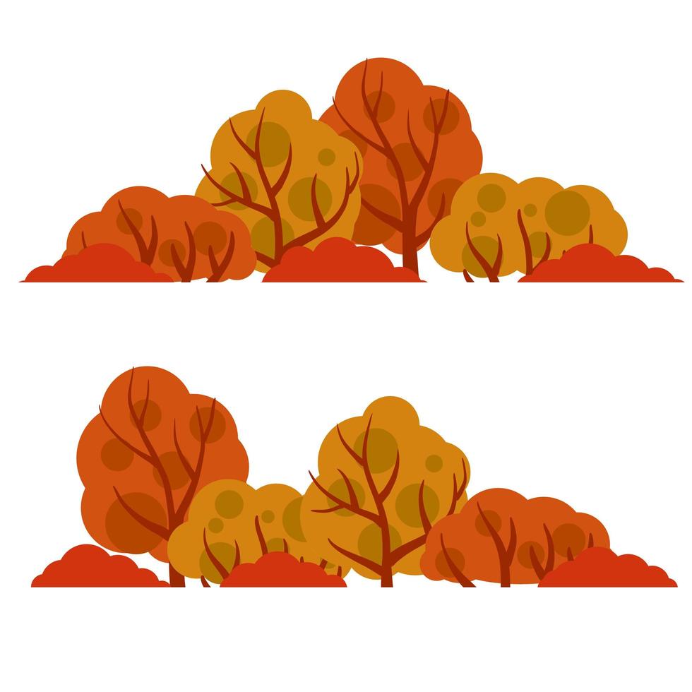 foresta autunnale. alberi con foglie rosse e arancioni. cespugli e rami vettore